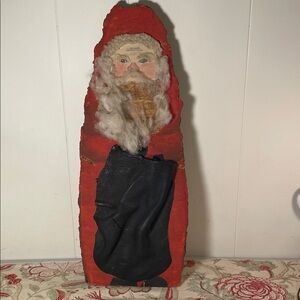 Folk Art Handcrafted Vtg Leaning Sliced Tree Santa Claus Holiday Rustic Decor